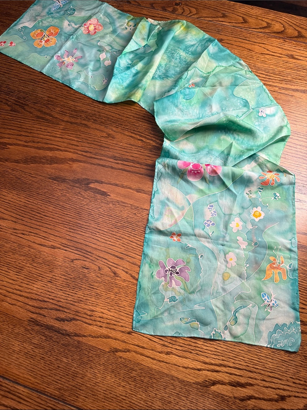 Vintage 1996 Hand Painted Silk Scarf Dragonfly Floral Signed Wearable Art